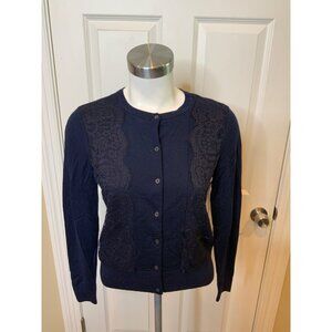 Brooks Brother 346 Navy Blue 100% Wool Floral Lace Button-Up Cardigan, Size M